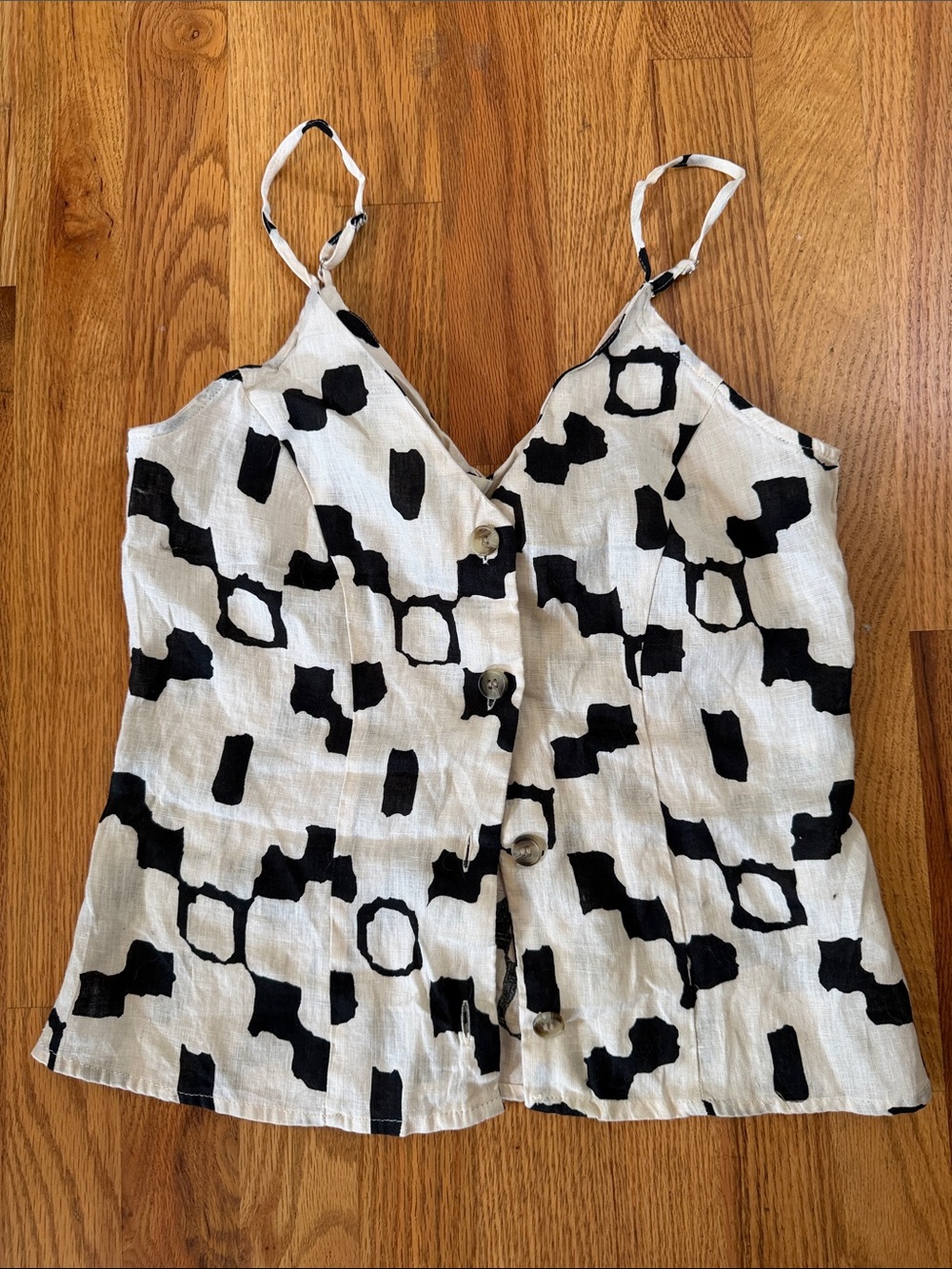 H&M Linen Spaghetti Strap Button-Front Tank Top in Black & White Animal print XS
